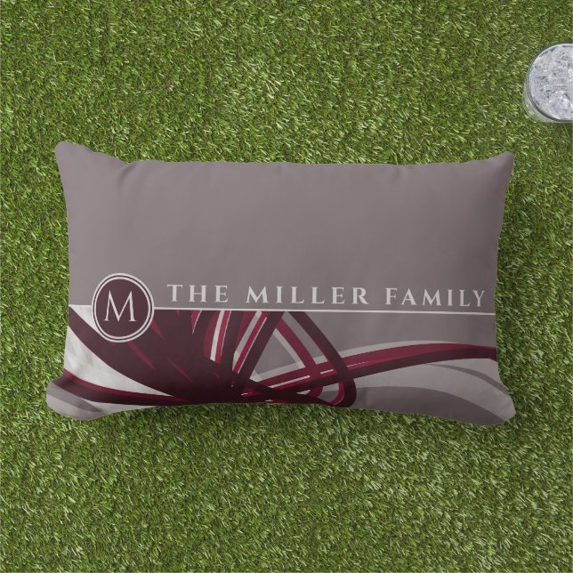 Gray & Burgundy Abstract | Monogram | Family Name Lumbar Pillow (Grass)