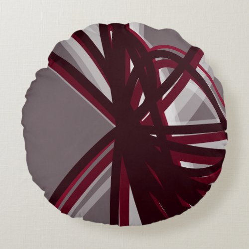 Gray  Burgundy Abstract Ribbon Criss_Cross Round Pillow