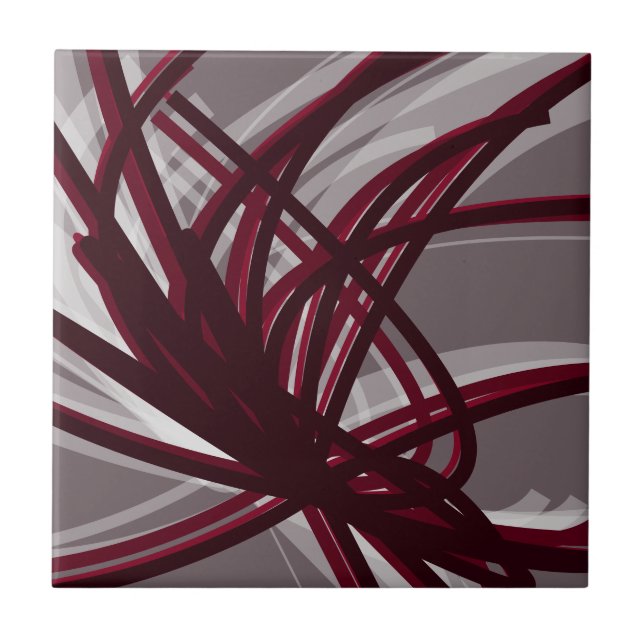 Gray & Burgundy Abstract Ribbons Ceramic Tile (Front)