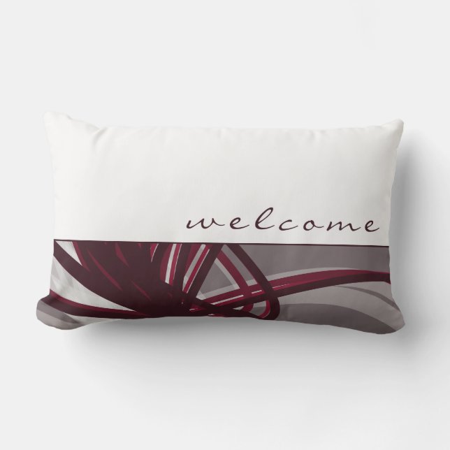 Gray & Burgundy Abstract Ribbons | White | Welcome Lumbar Pillow (Front)
