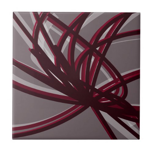 Gray  Burgundy Artistic Abstract Ribbon  Large Ceramic Tile