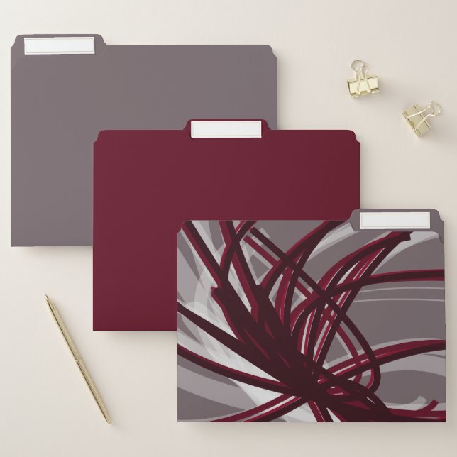 Gray & Burgundy | Artistic Abstract Ribbons File Folder (Set)