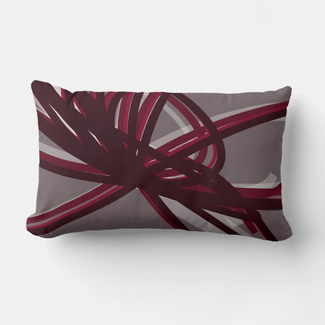 Gray & Burgundy Artistic Abstract Ribbons Lumbar Pillow (Front)