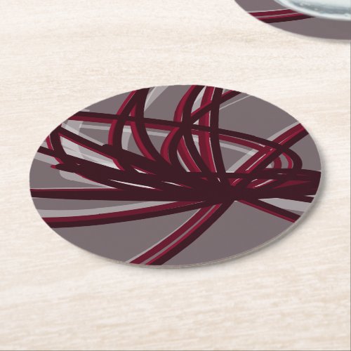 Gray  Burgundy Artistic Abstract Ribbons Round Paper Coaster