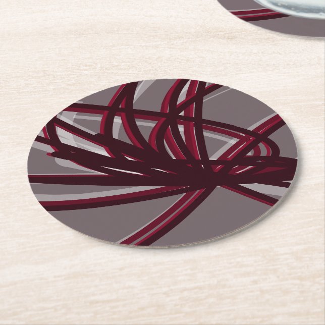 Gray & Burgundy Artistic Abstract Ribbons Round Paper Coaster (Angled)