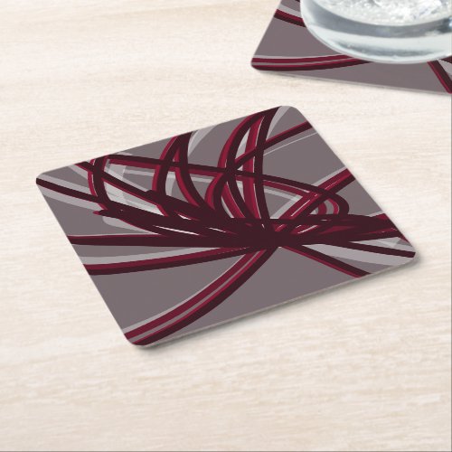 Gray  Burgundy Artistic Abstract Ribbons Square Paper Coaster