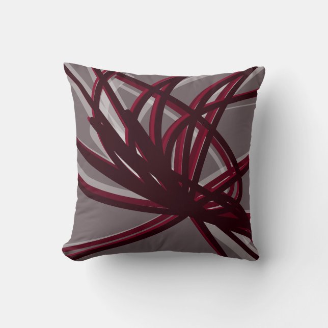 Gray & Burgundy Artistic Abstract Ribbons Throw Pillow (Front)
