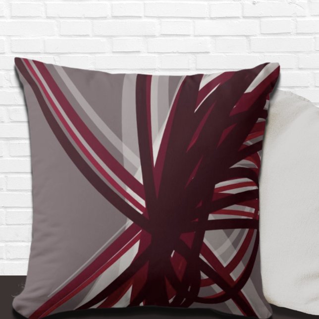 Gray Burgundy Artistic Abstract Ribbons Throw Pillow (Creator Uploaded)