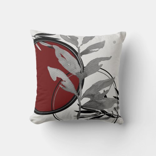 Gray  Burgundy Artistic Watercolor Leaves Throw Pillow