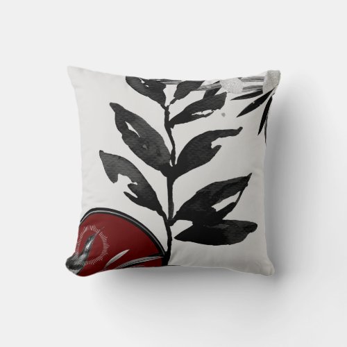 Gray Burgundy  Black Botanical Hummingbird Throw Pillow