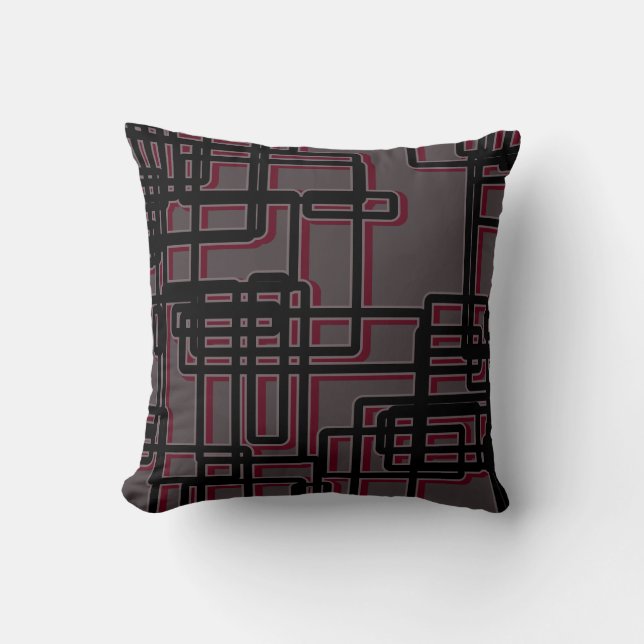 Gray Burgundy & Black Geometric Mid-Century Modern Throw Pillow (Front)