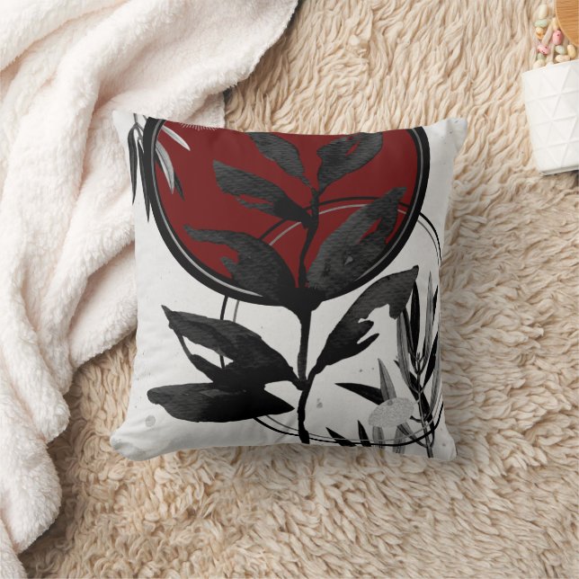 Gray Burgundy & Black Watercolor Leaves Throw Pillow (Blanket)