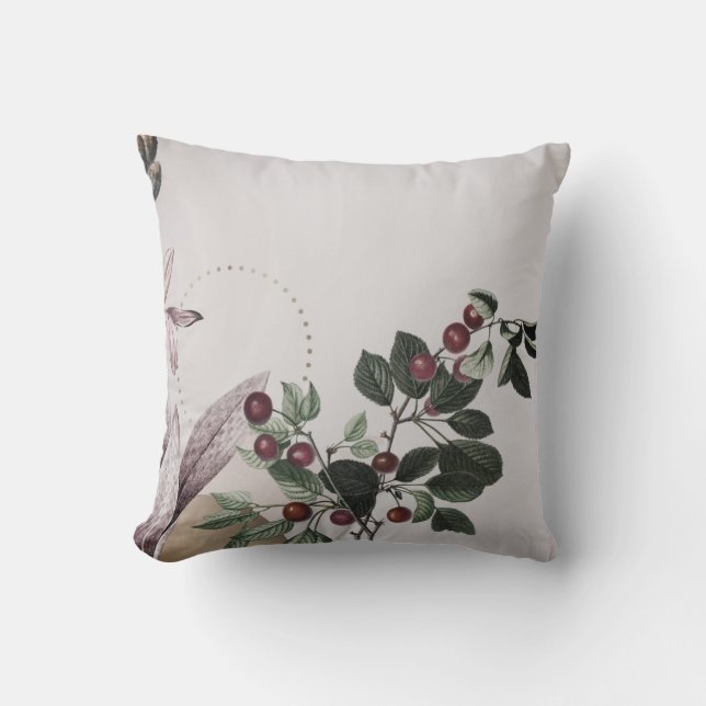 Gray & Burgundy Botanical Print | Cherries Throw Pillow (Front)