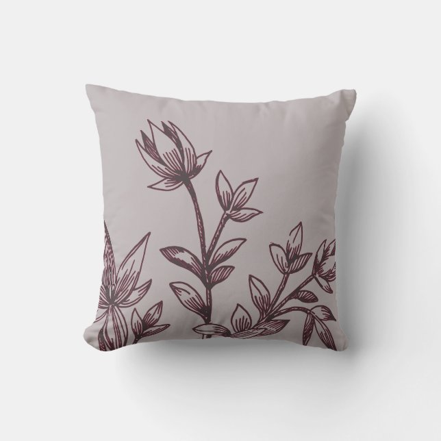 Gray & Burgundy Botanical | Rhatany Flowers Throw Pillow (Front)