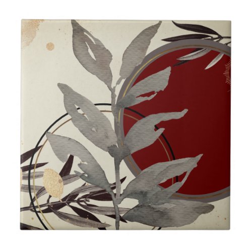 Gray Burgundy  Cream Artistic Abstract Watercolor Ceramic Tile