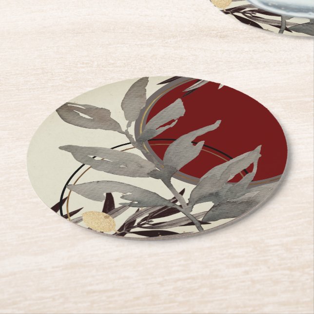 Gray Burgundy & Cream Artistic Abstract Watercolor Round Paper Coaster (Angled)