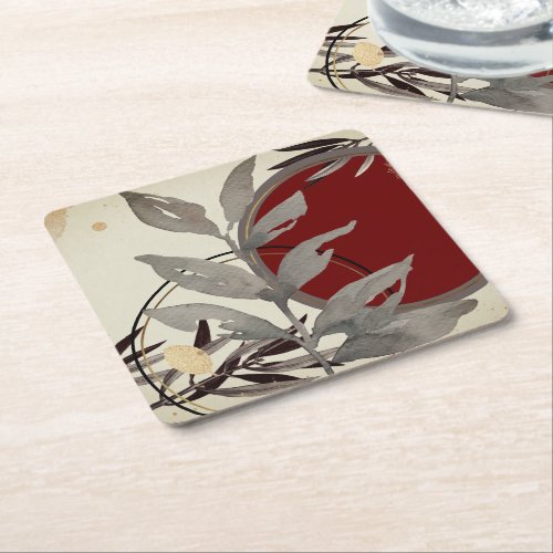 Gray Burgundy  Cream Artistic Abstract Watercolor Square Paper Coaster