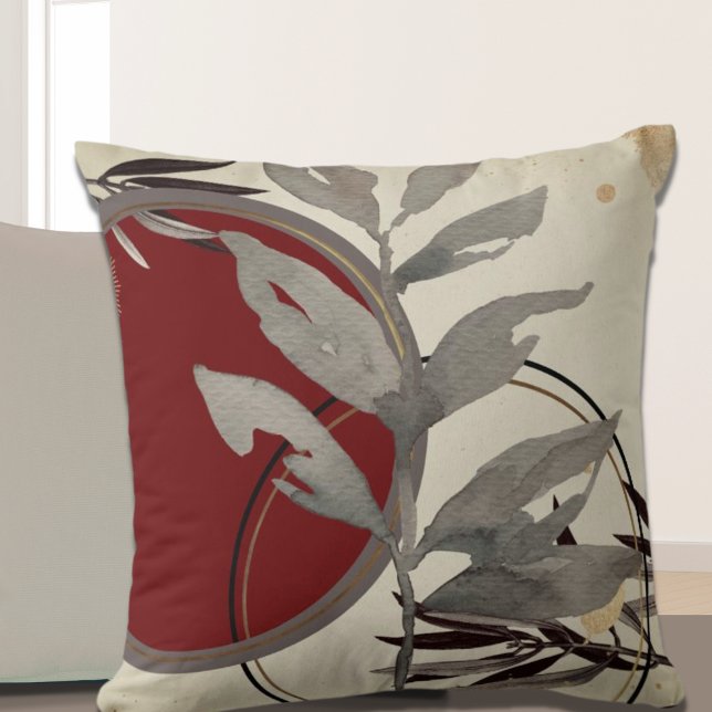 Gray Burgundy & Cream Artistic Watercolor Leaves Throw Pillow (Creator Uploaded)