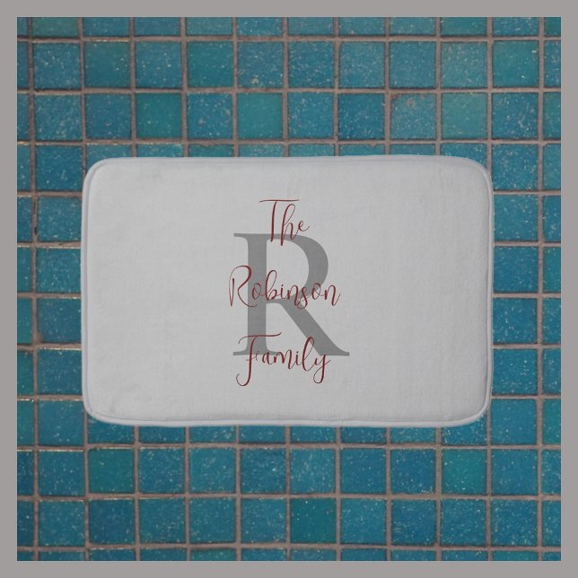 Gray Burgundy Family Name Classic Monogrammed  Bath Mat (Creator Uploaded)