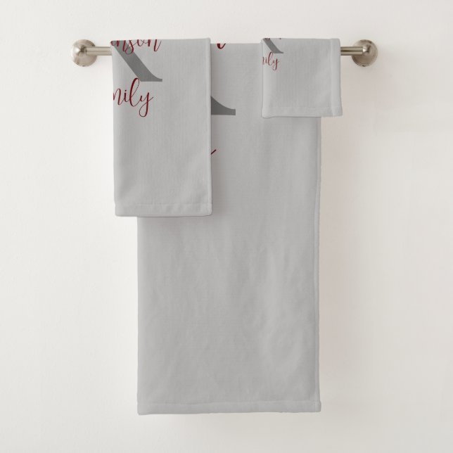 Gray Burgundy Family Name Monogram Bath Towel Set (Insitu)