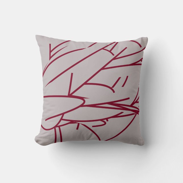 Gray & Burgundy Modern Elegant Abstract Feather Throw Pillow (Front)