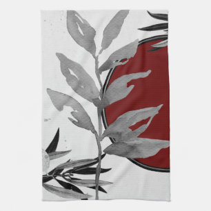 Gray & Burgundy Modern Watercolor Leaves Kitchen Towel