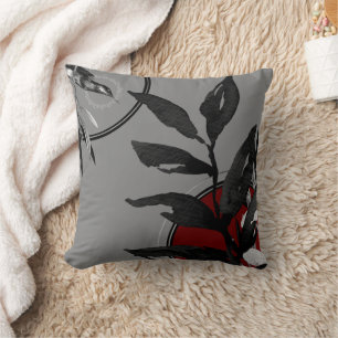 Gray Burgundy Red & Black Watercolor Botanical Throw Pillow