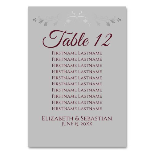 Gray  Burgundy Simple Wedding Seating Chart Table Number