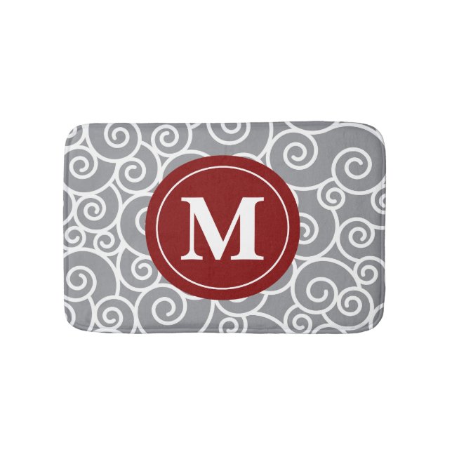 Gray burgundy Swirls Monogram Bathmat (Front)