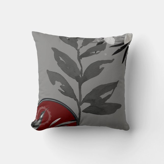 Gray & Burgundy Wine Artistic Watercolor Leaves Throw Pillow (Front)
