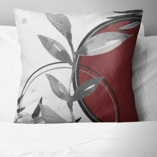 Gray & Burgundy Zen Watercolor Leaves Throw Pillow