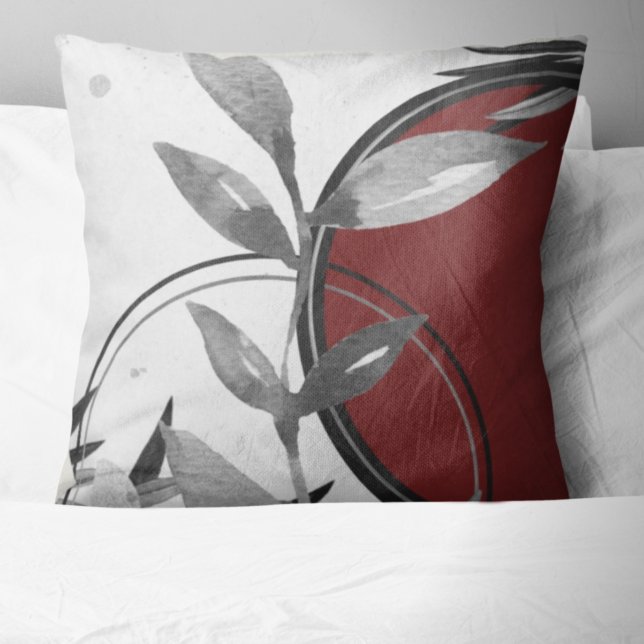 Gray & Burgundy Zen Watercolor Leaves Throw Pillow (Creator Uploaded)