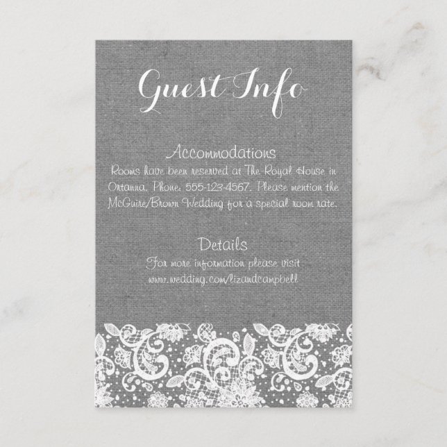 Gray Burlap and Lace Info Card - Rustic Wedding (Front)