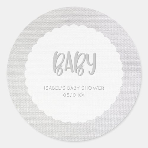 Gray Burlap Circle Frame Baby Shower Favor Classic Round Sticker
