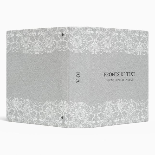 Gray Burlap Linen Look & White Lace 3 Ring Binder (Background)