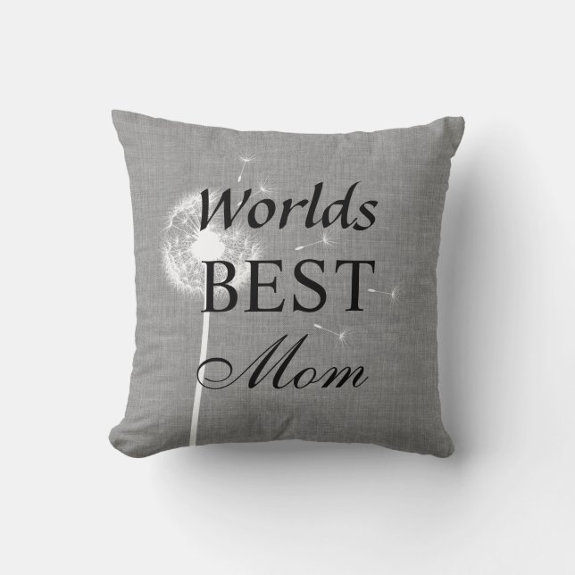 Gray Burlap Worlds Best Mom Pillow with Dandelion (Front)