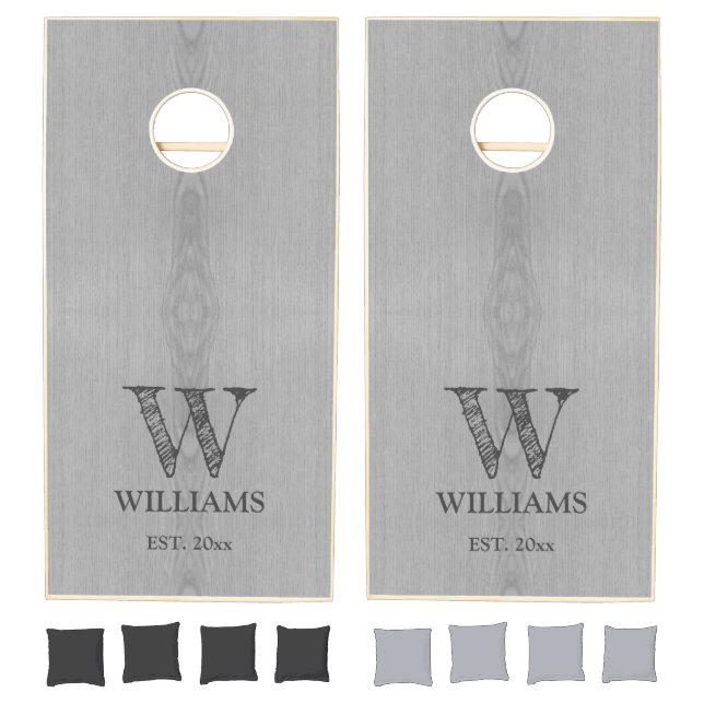 Gray burnt wood grain rustic Family Monogram Cornhole Set (Set)