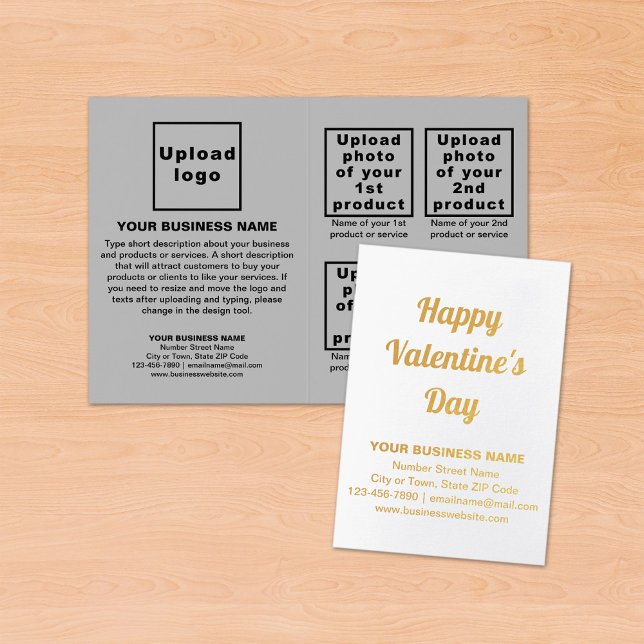 Gray Business Brand on Valentine Foil Card (Gray business brand with products on Valentine folded foil card on table.)
