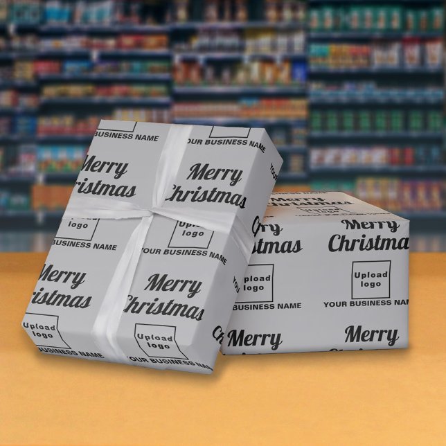 Gray | Business | Christmas Wrapping Paper (Business name and logo with Merry Christmas greeting on gray wrapping paper)