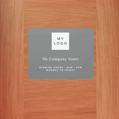 Gray business logo name opening hours door sign