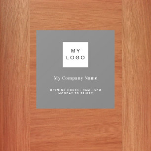 Gray business logo name opening hours door sign wall decal