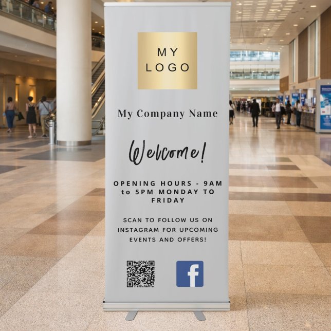 Gray business logo opening hours QR Facebook Retractable Banner (Creator Uploaded)