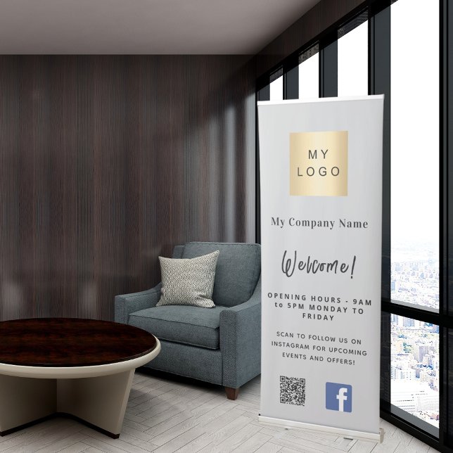 Gray business logo opening hours QR Facebook Retractable Banner (Creator Uploaded)
