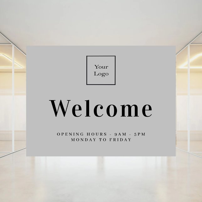 Gray business logo welcome opening hours window cling (Creator Uploaded)