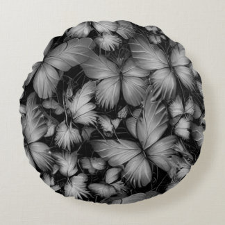 Gray Butterflies Print Round Pillow