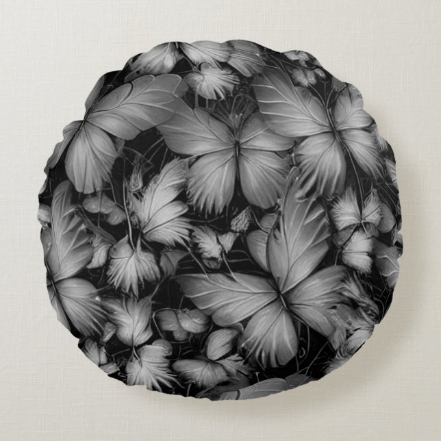 Gray Butterflies Print Round Pillow (Front)