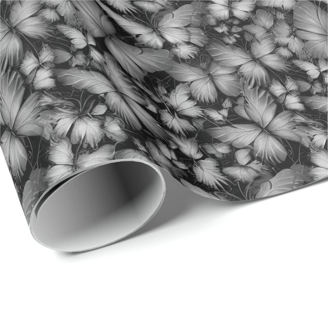 Gray Butterflies Print Wrapping Paper (Roll Corner)