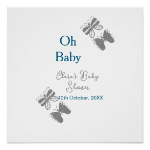 Gray butterfly blue baby shower oh baby modern ext poster