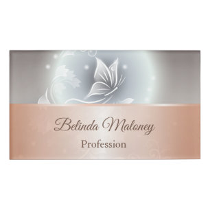 Gray Butterfly Floral Rose Gold Name Tag