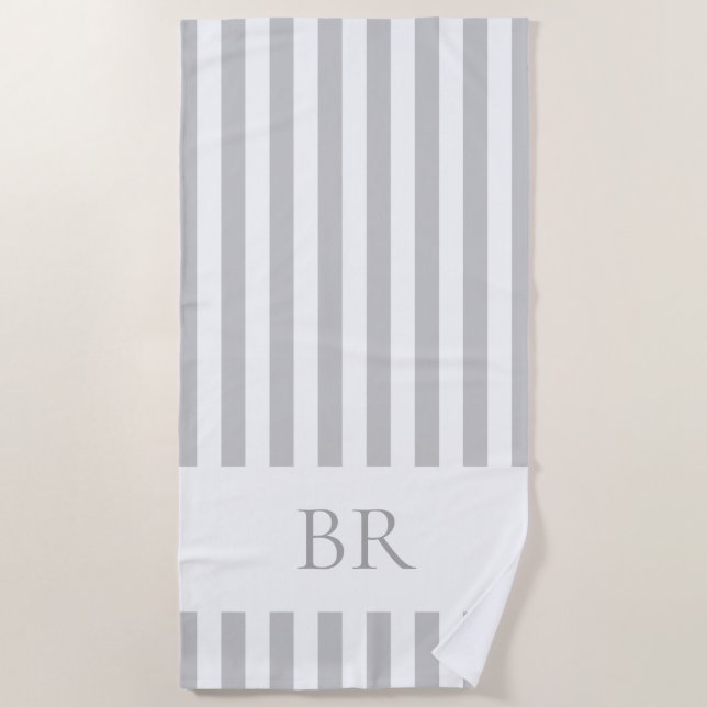 Gray Cabana Stripe Custom Monogram Beach Towel (Front)
